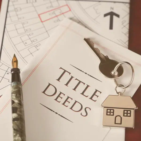 business attorney in friendswood tx a piece of paper that says Title Deeds with a pen and a house key laying on top of it