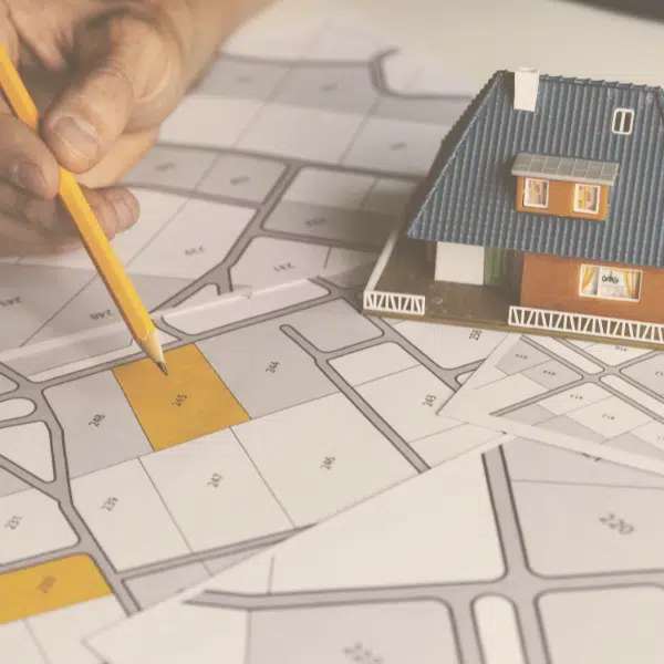 real estate attorney in friendswood tx a map showing a highlighted plot of land with a small model house sitting next to it